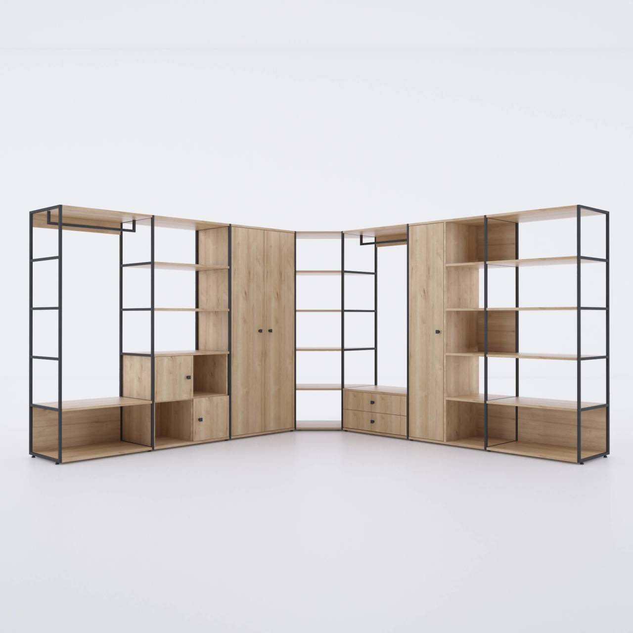 Cube Giysi Dolabı Köşeli Set-Meşe